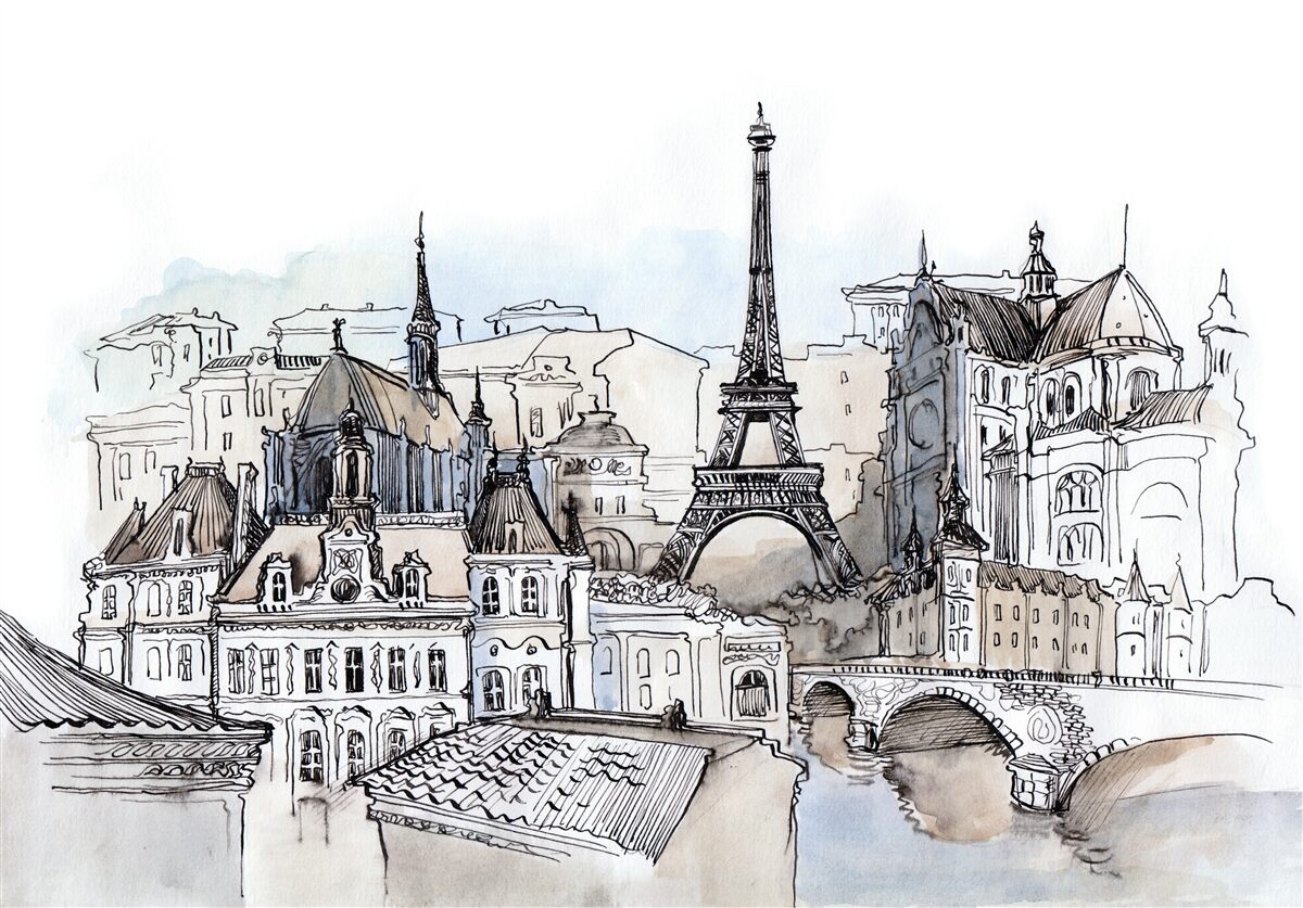 Papier peint paris en aquarelle