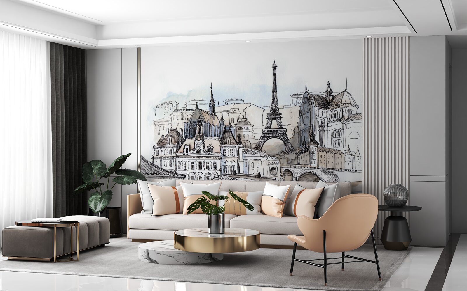 Papier peint paris en aquarelle