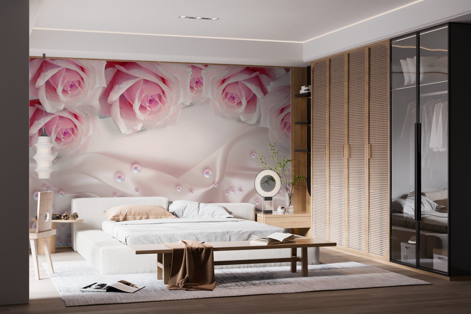 Papier peint perles et fleurs roses