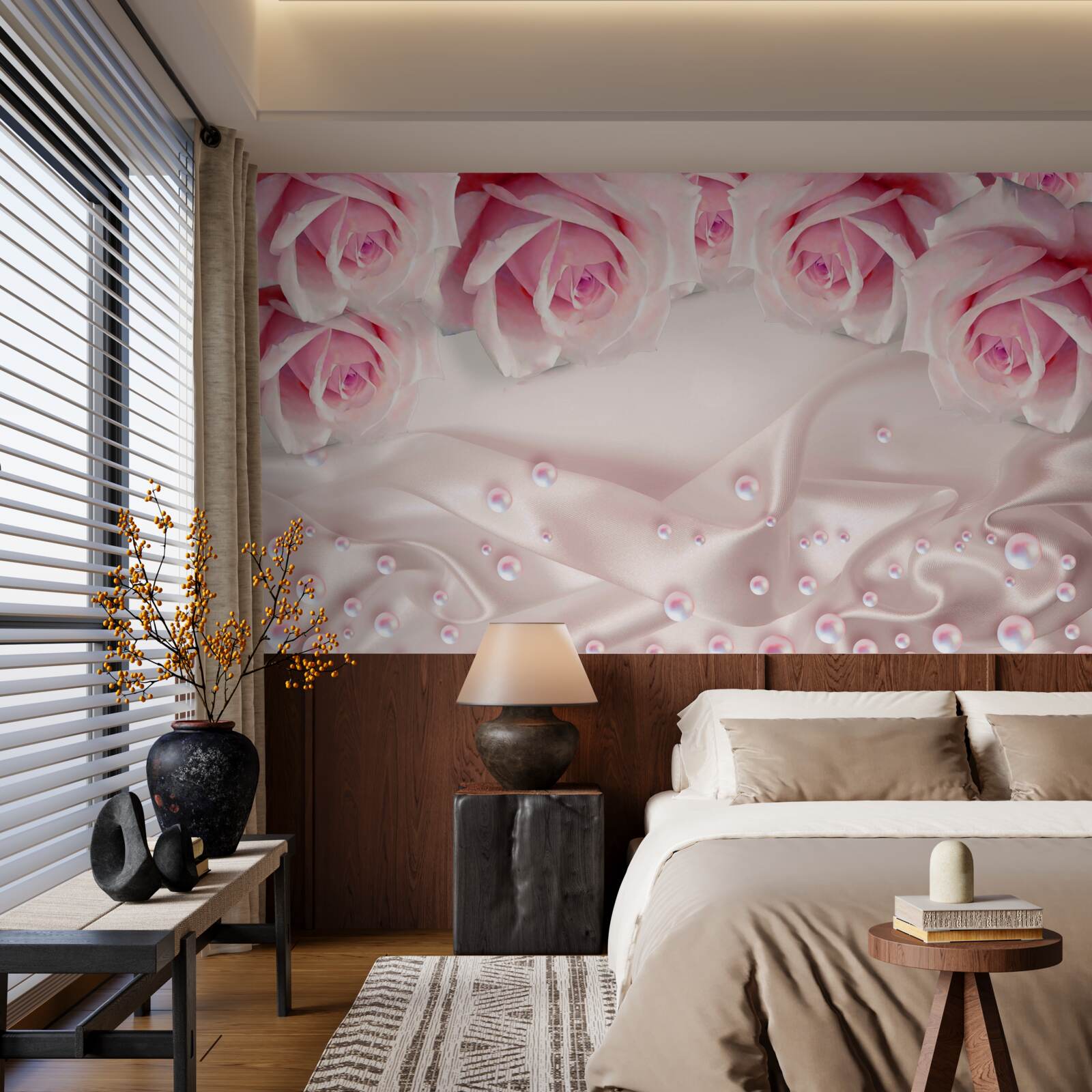 Papier peint perles et fleurs roses