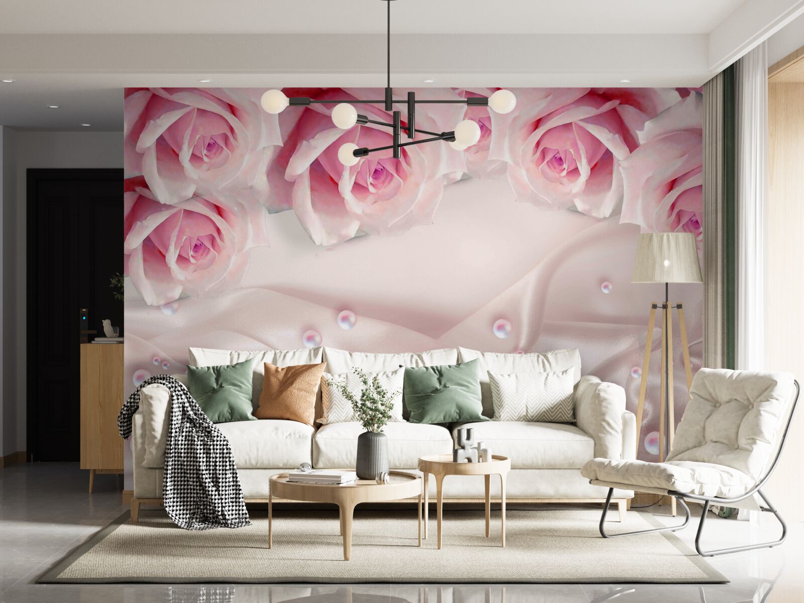 Papier peint perles et fleurs roses