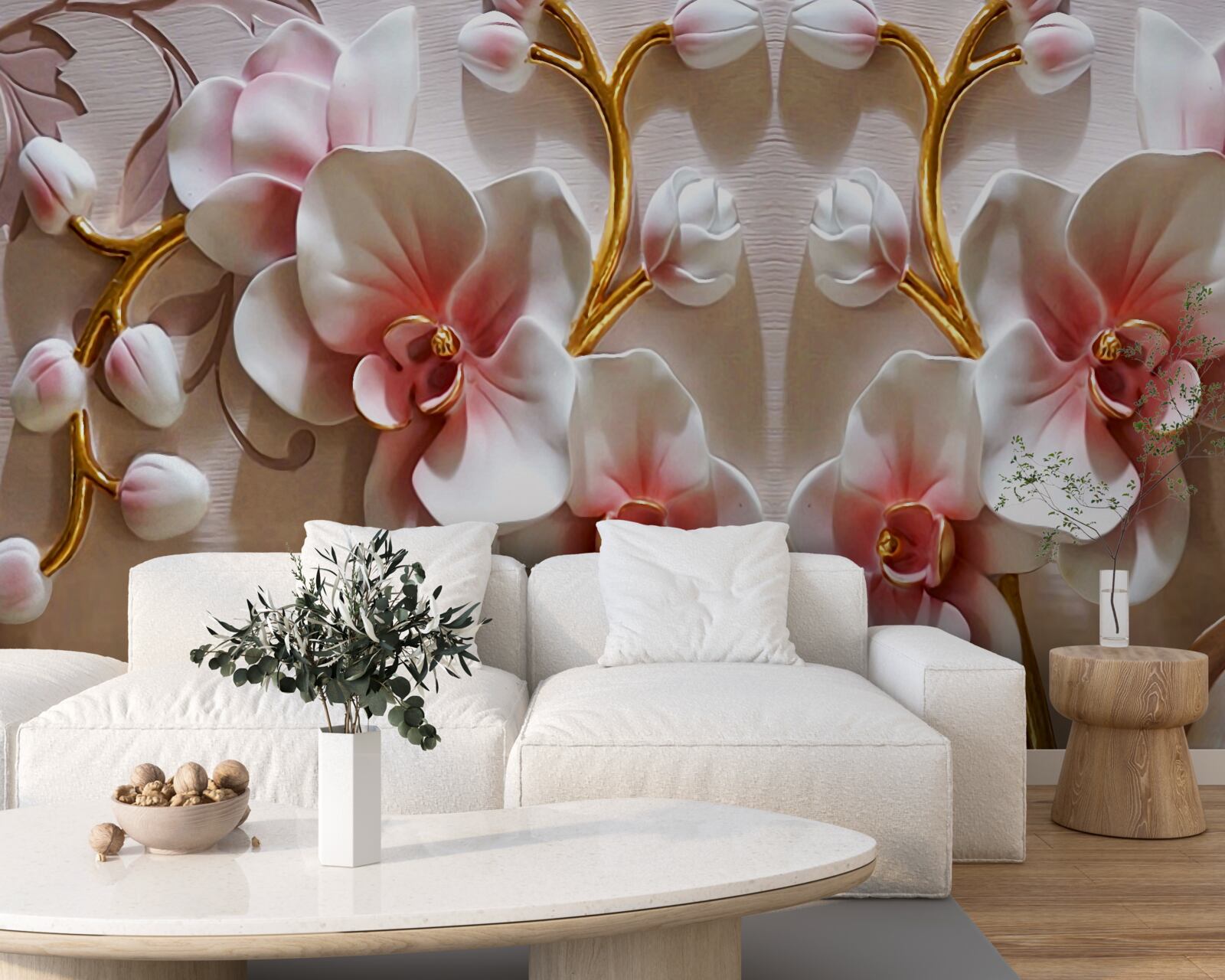 Papier peint bourgeons d'orchidées se reflétant dans une couleur blanche comme neige