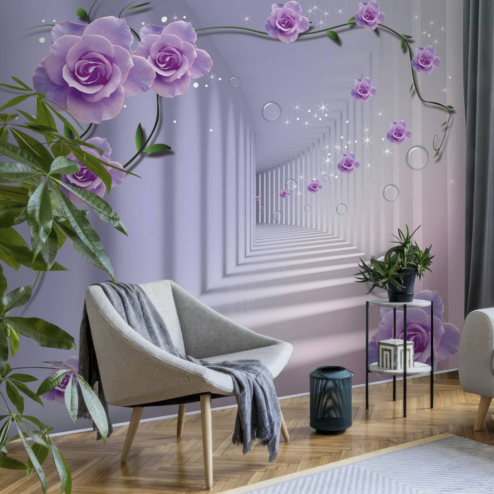 Papier peint en perspective, un tunnel orné d'une rose violette