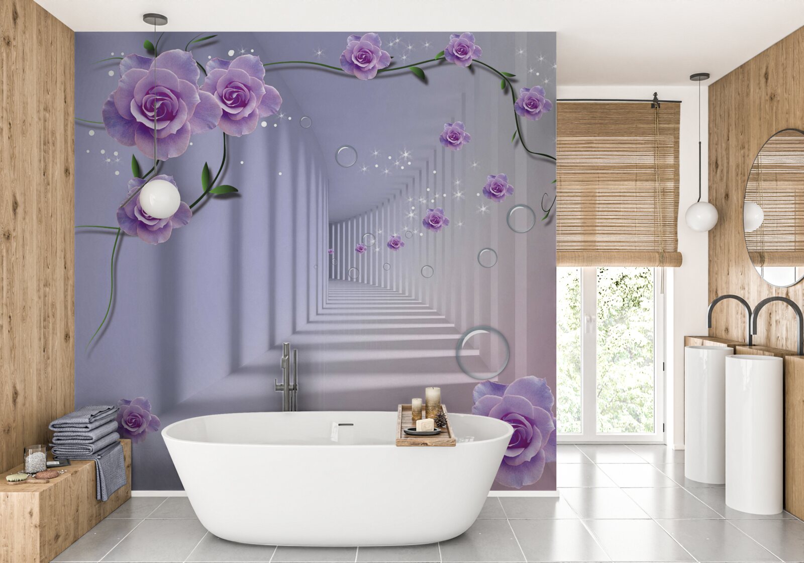 Papier peint en perspective, un tunnel orné d'une rose violette