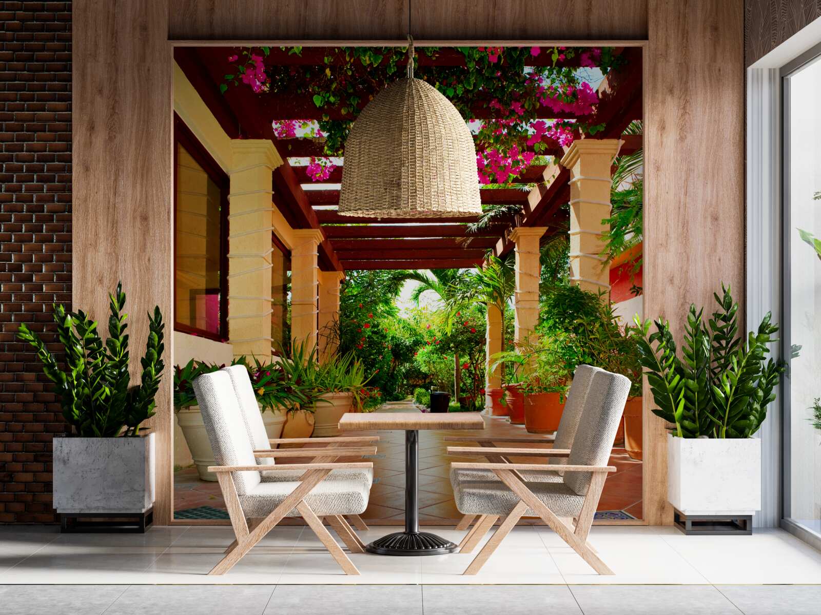 Papier peint terrasse près de la maison, décorée de plantes