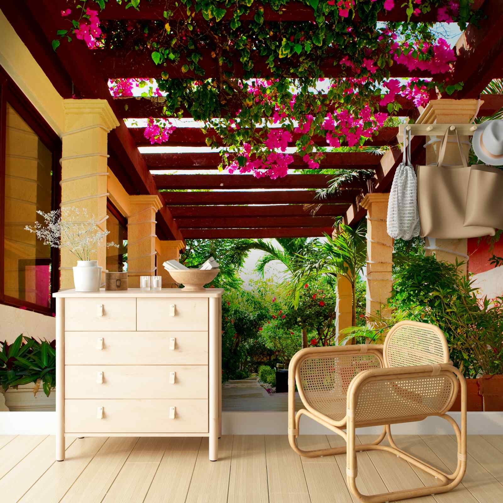 Papier peint terrasse près de la maison, décorée de plantes