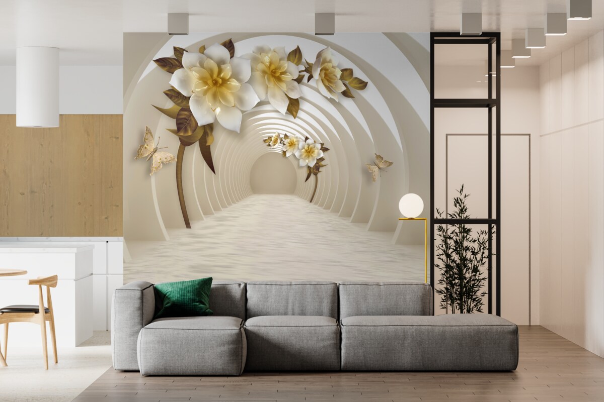 Papier peint en regardant dehors, on peut voir des lotus blancs décorés d'or