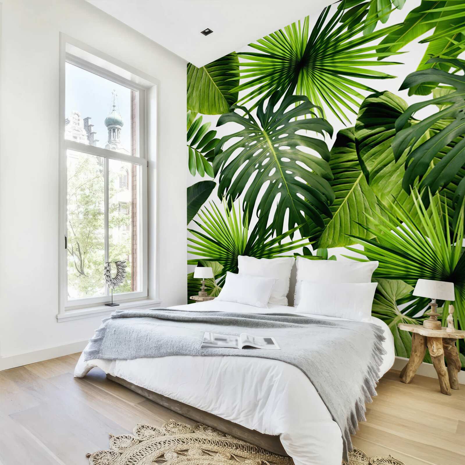 Papier peint monstera et feuilles de bananier sur fond blanc, avec densité