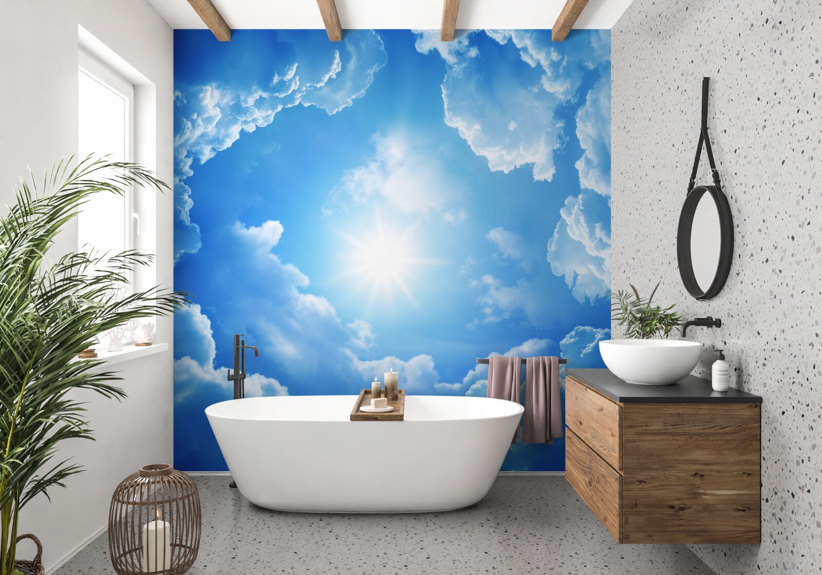 Papier peint le soleil est au zénith dans les nuages bleus