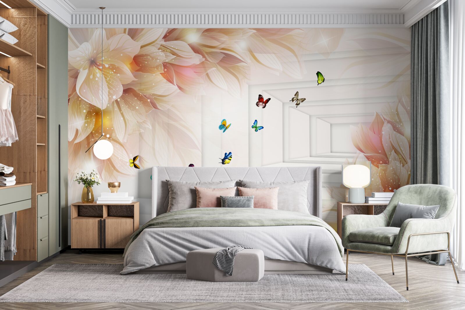 Papier peint le tunnel est plein de couleurs : fleurs et papillons colorés