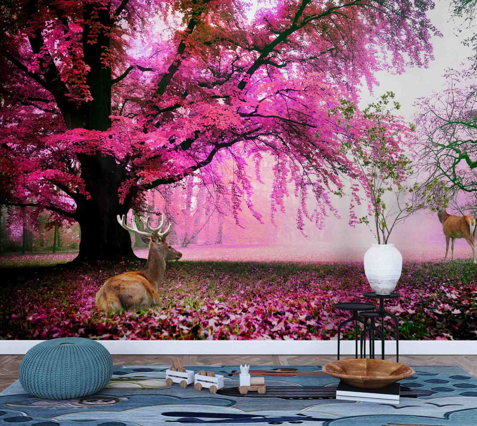 Papier peint sakura en rose vole autour