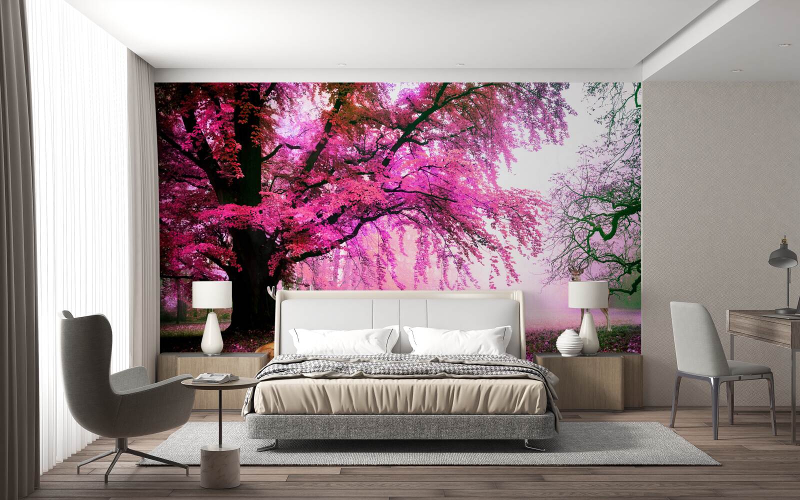 Papier peint sakura en rose vole autour