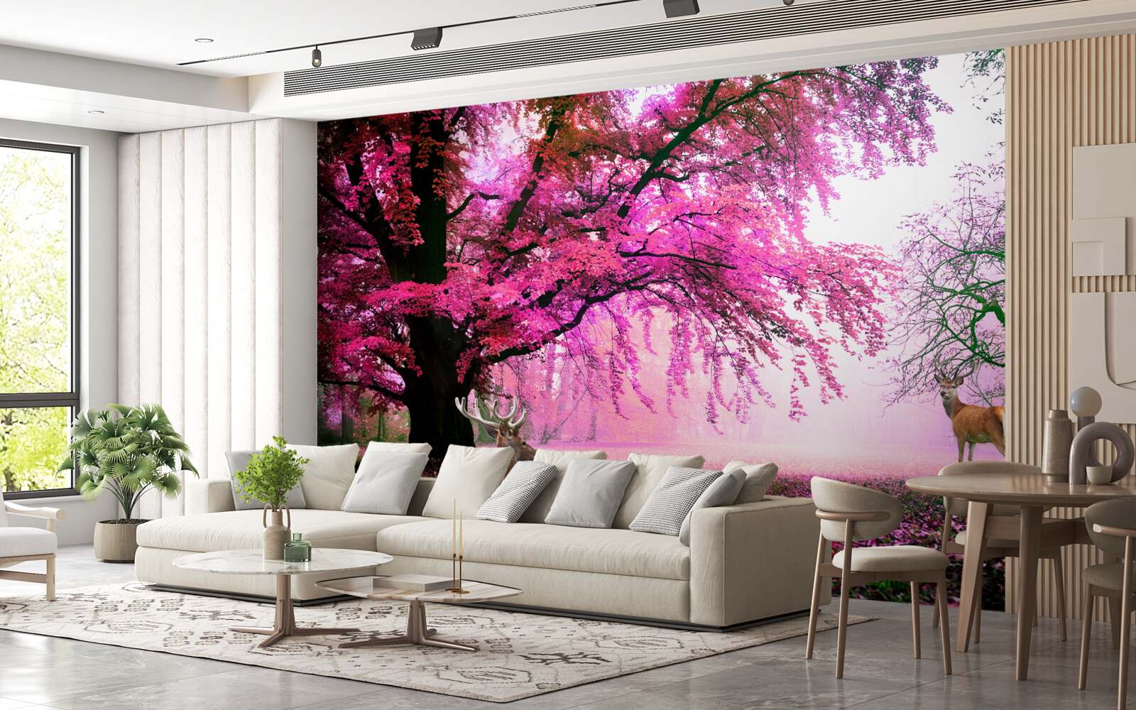 Papier peint sakura en rose vole autour