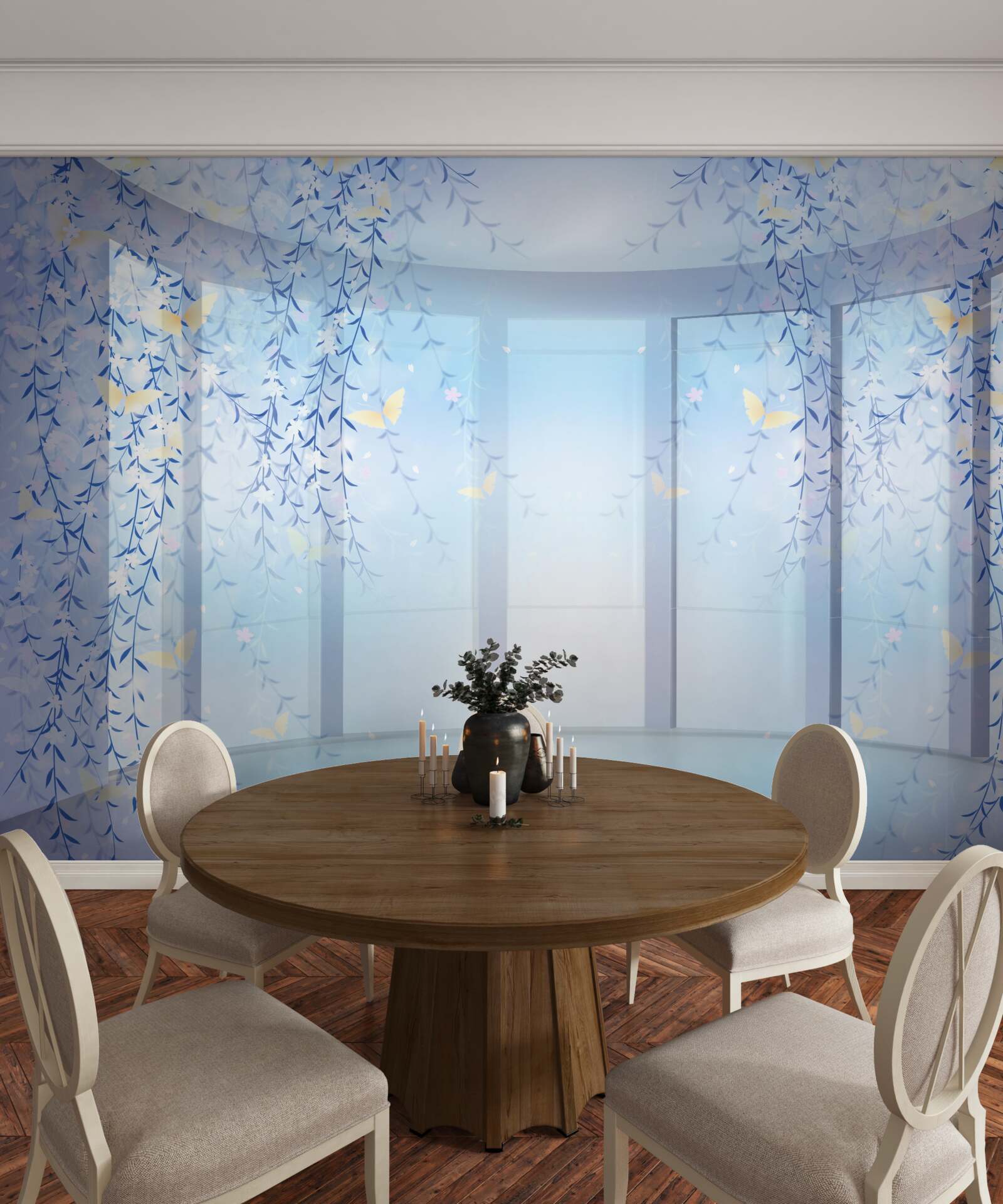 Papier peint balcon avec vue panoramique dans les tons bleus
