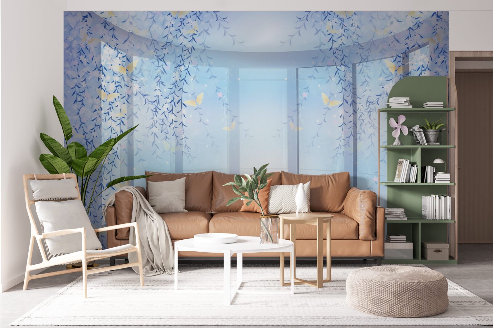 Papier peint balcon avec vue panoramique dans les tons bleus