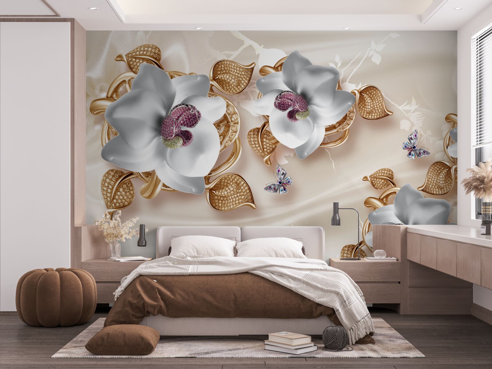 Papier peint orchidée blanche aux feuilles dorées