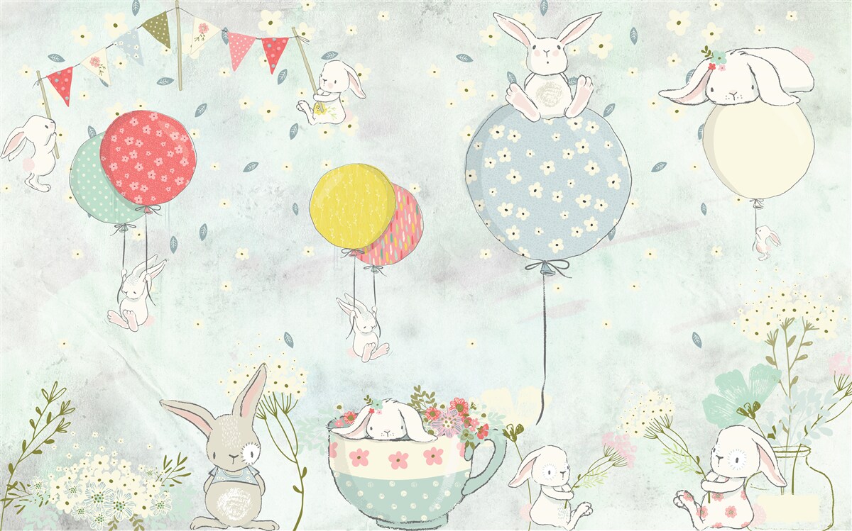 Papier peint lapins en boules blanches