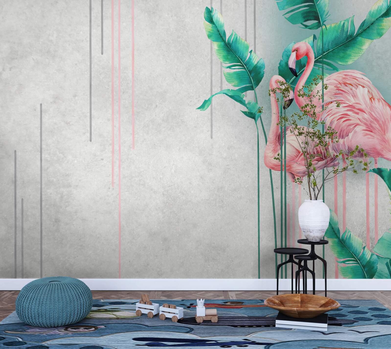 Papier peint flamants roses tropicaux