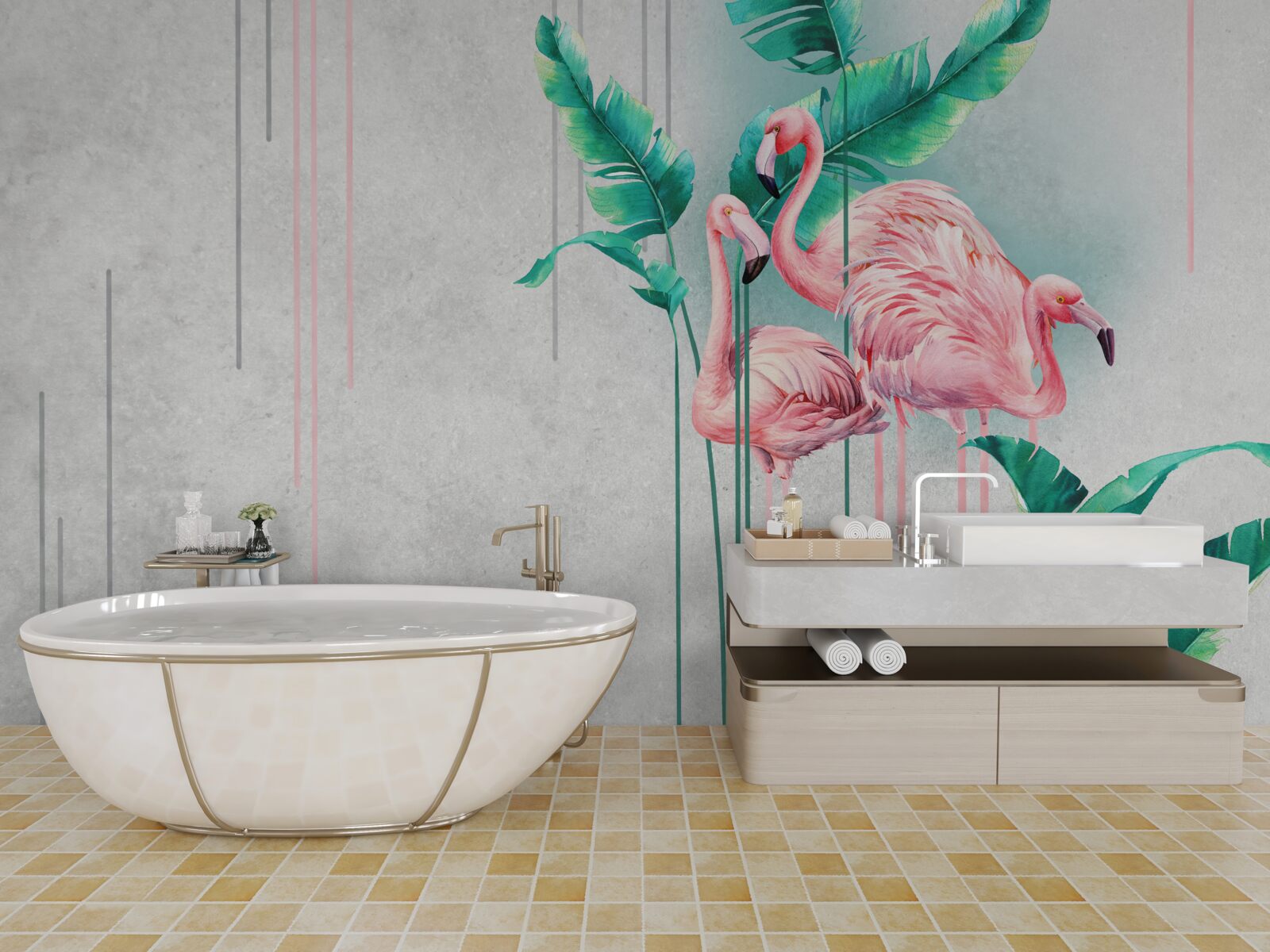 Papier peint flamants roses tropicaux