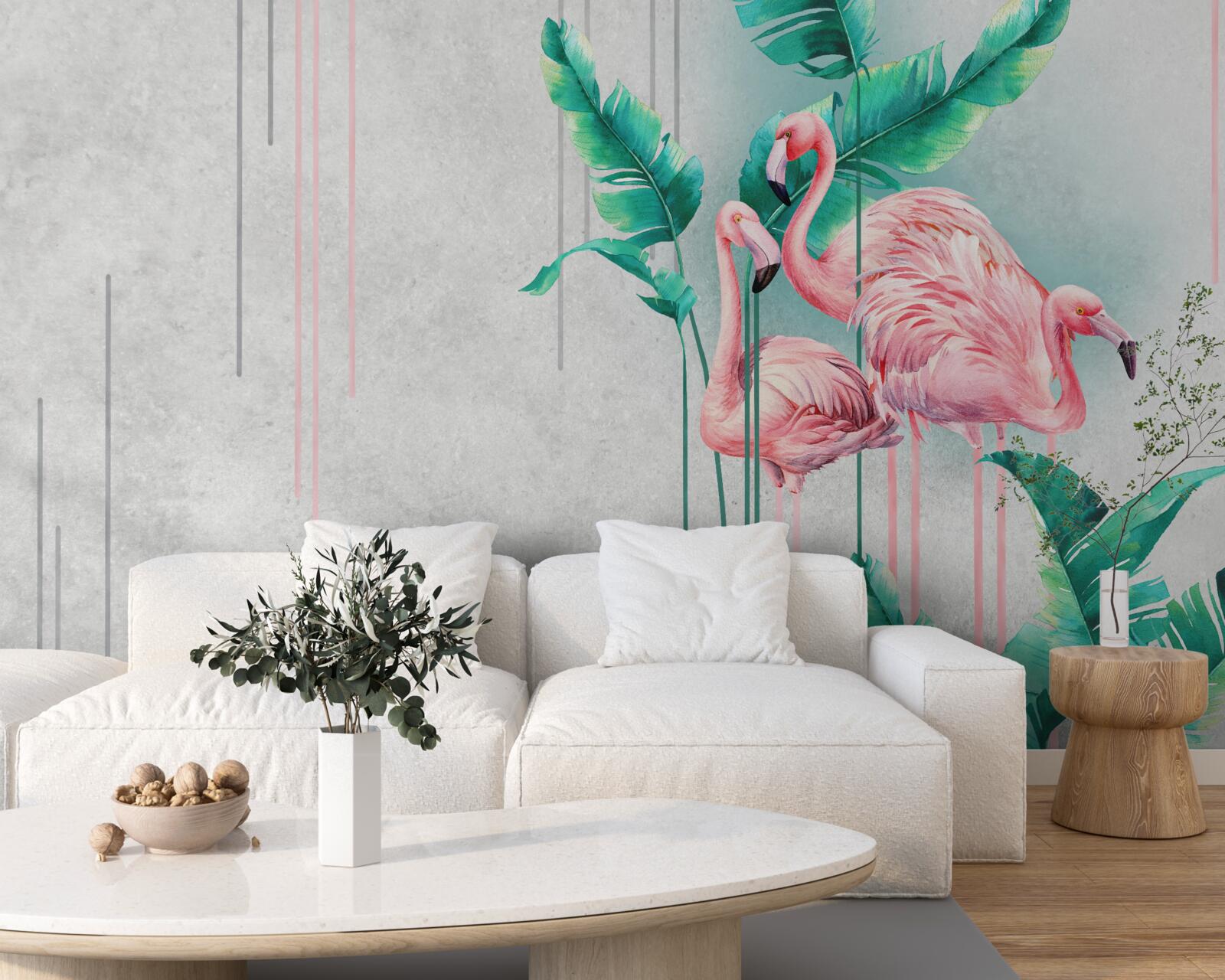 Papier peint flamants roses tropicaux