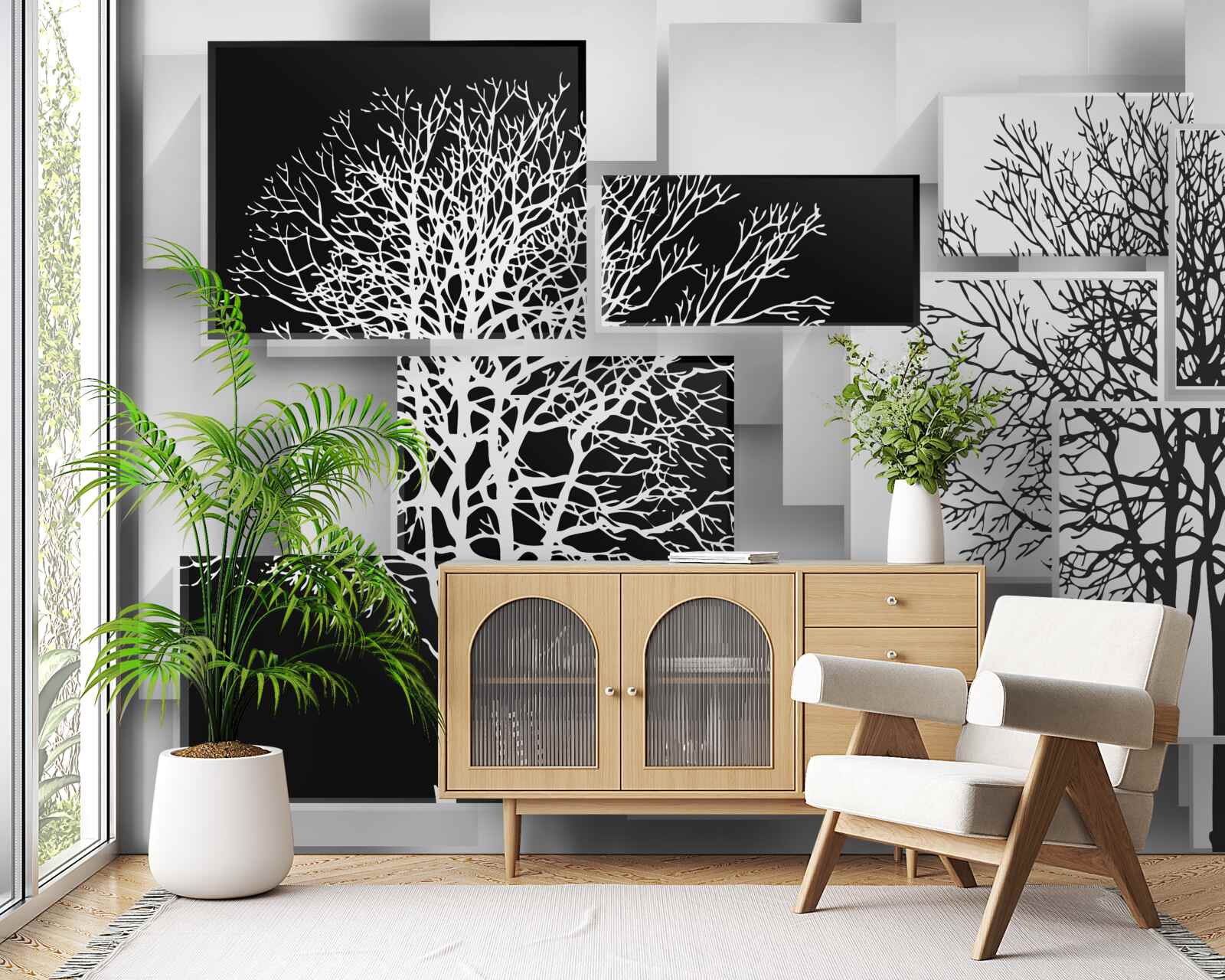 Papier peint les arbres poussent sur un fond noir et blanc