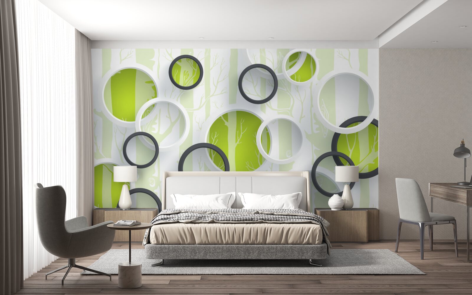 Papier peint images de contours d'arbres dans des cercles noirs et blancs