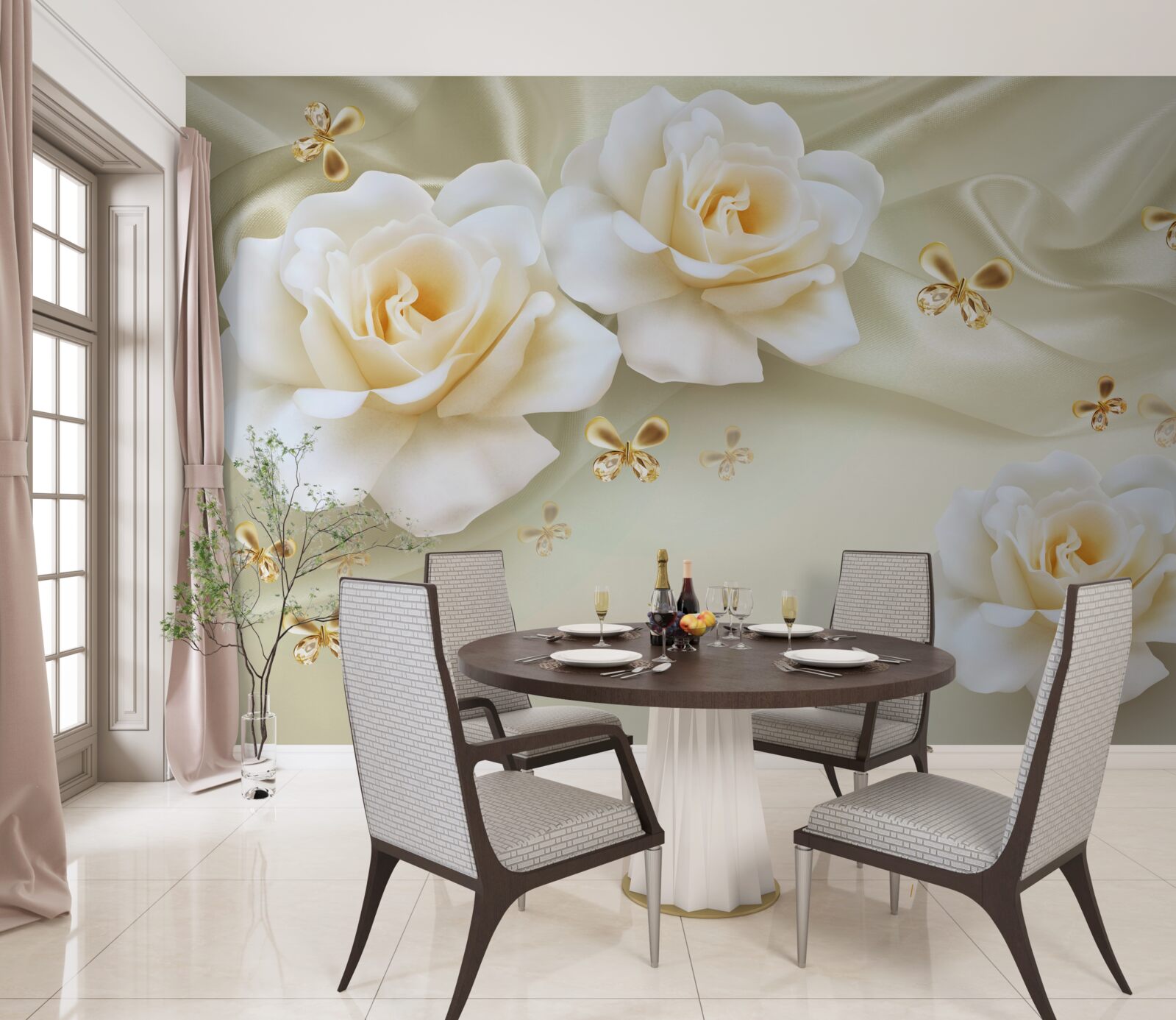 Papier peint roses dans les tons crème avec nœuds dorés