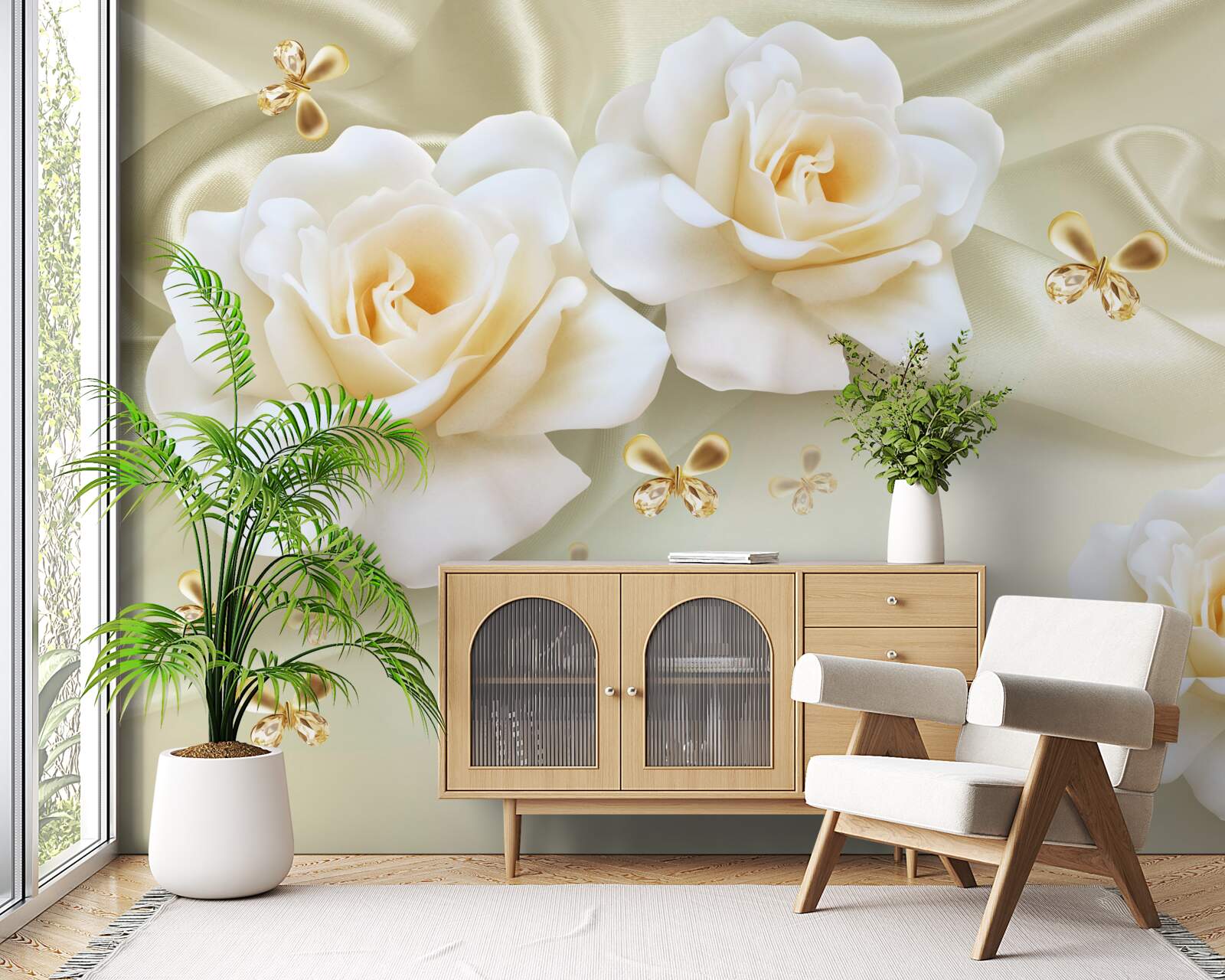 Papier peint roses dans les tons crème avec nœuds dorés
