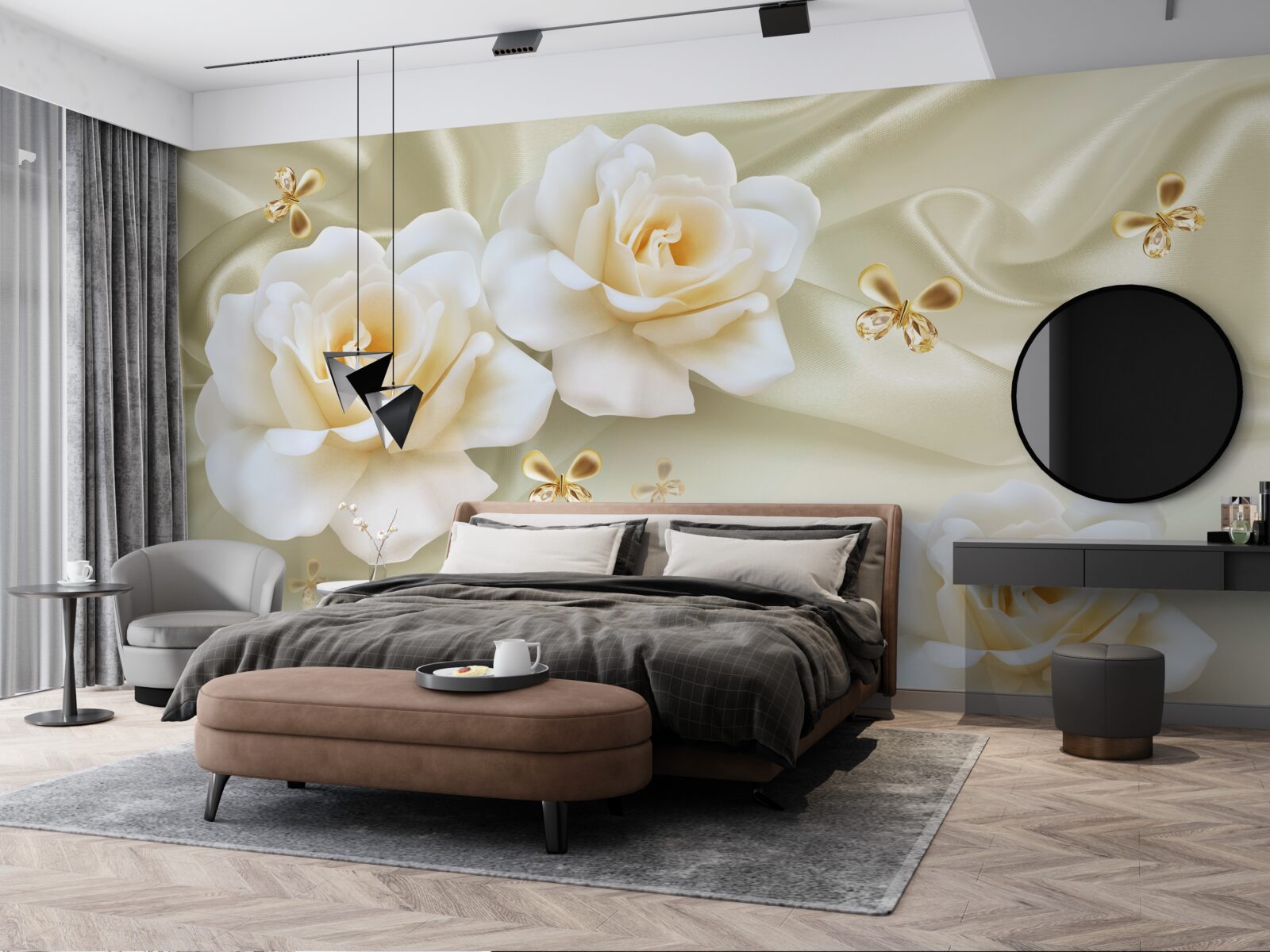 Papier peint roses dans les tons crème avec nœuds dorés