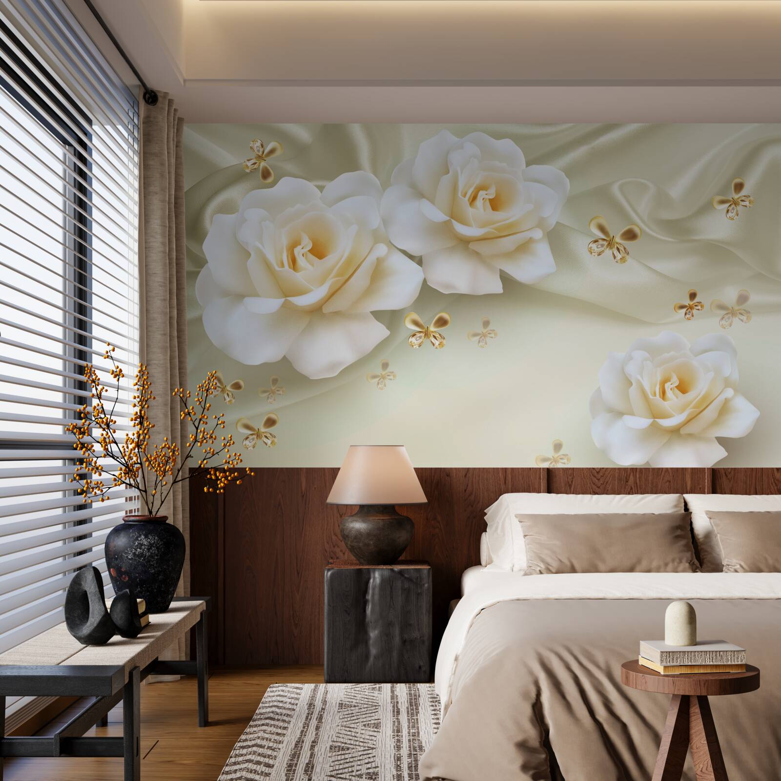 Papier peint roses dans les tons crème avec nœuds dorés