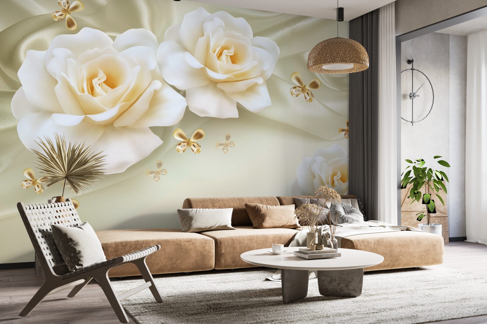 Papier peint roses dans les tons crème avec nœuds dorés