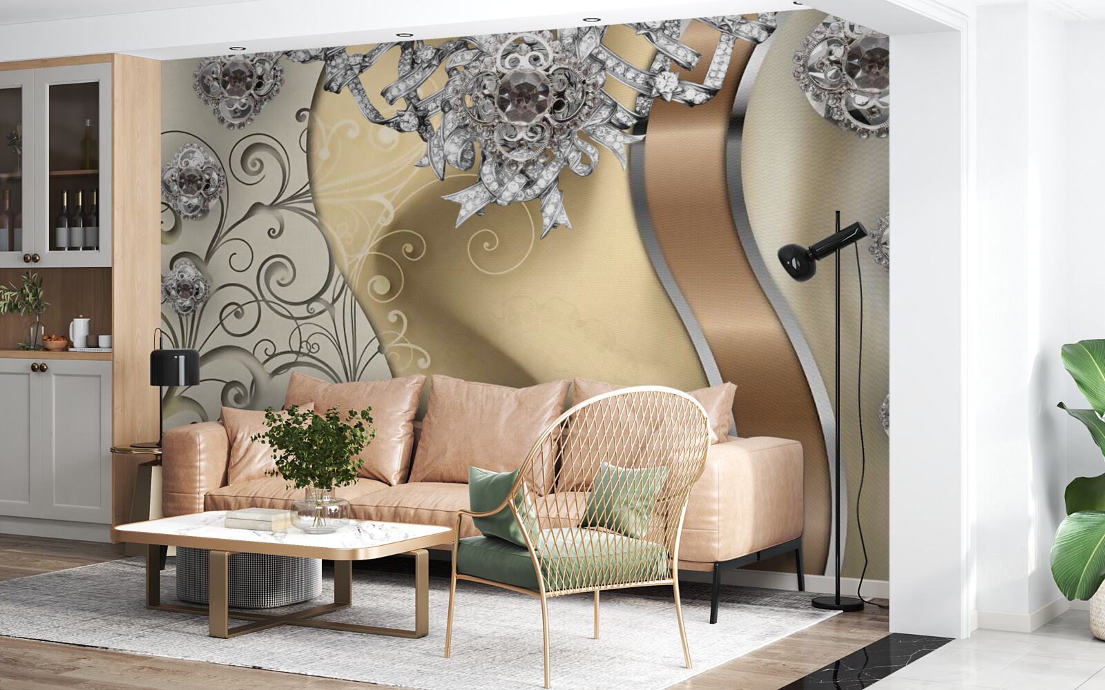 Papier peint fleurs en argent sur or