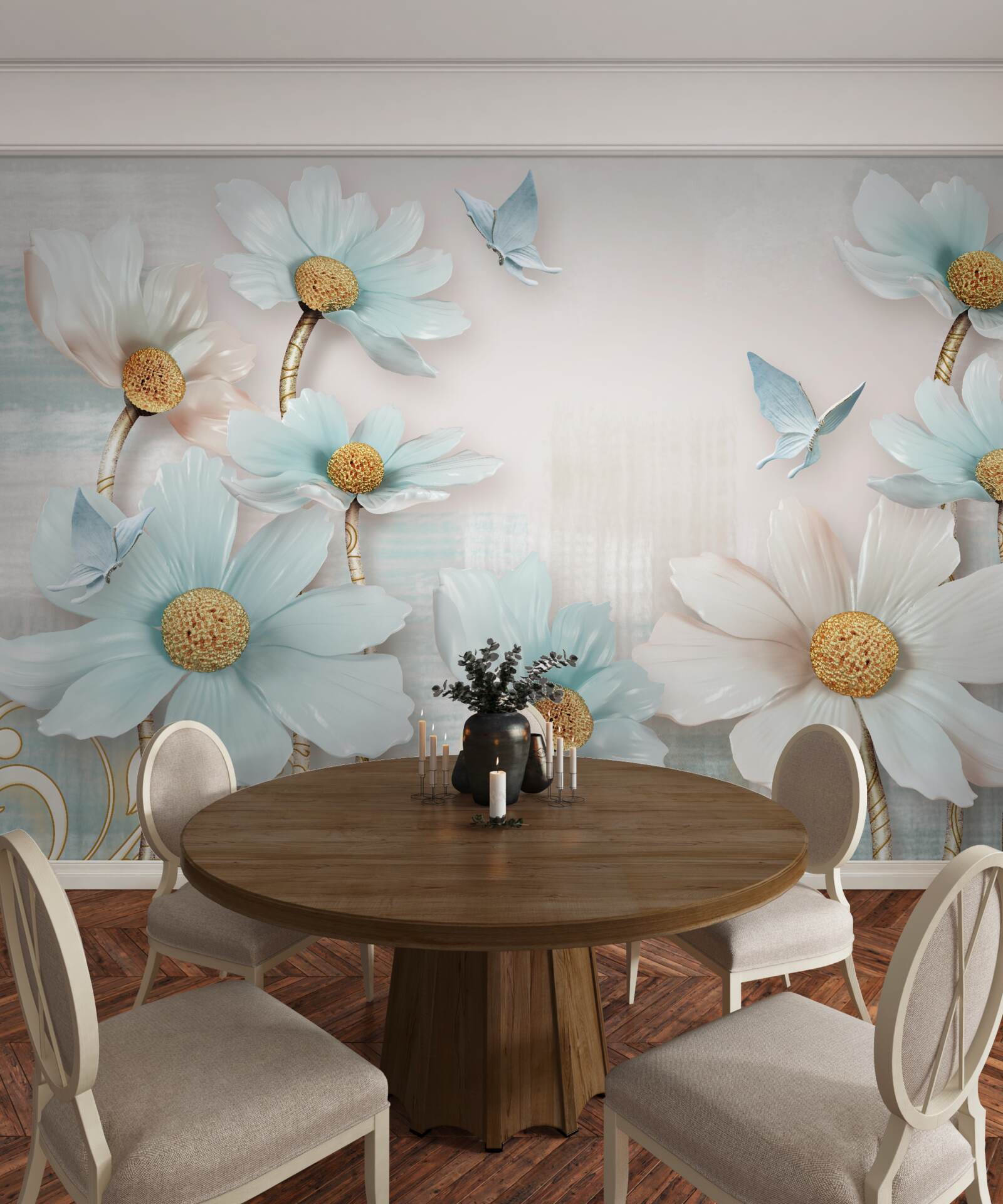 Papier peint grandes fleurs blanches et bleues