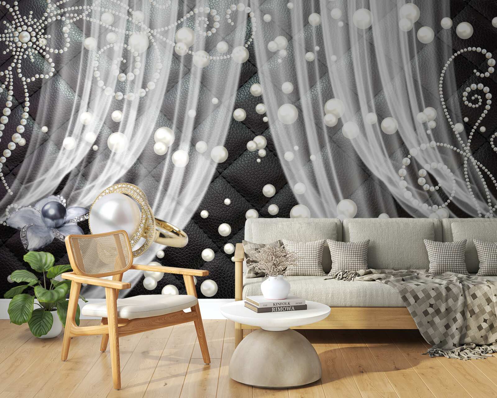 Papier peint décorations dorées et rideaux blancs