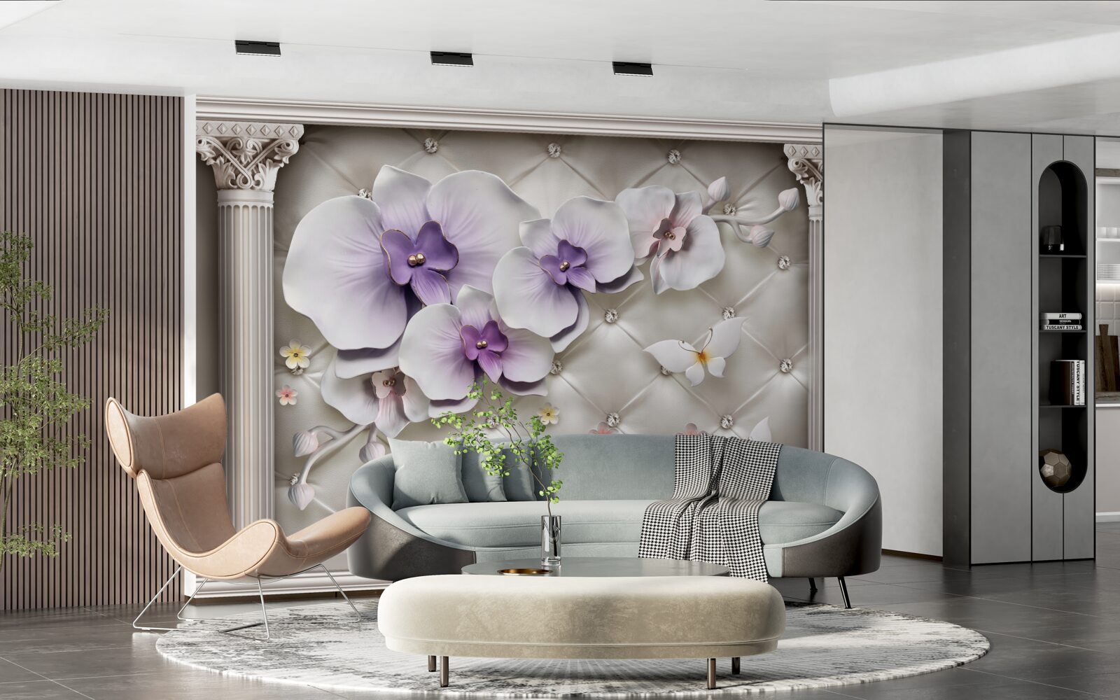 Papier peint Orchidée blanche décorée d'or et de perles