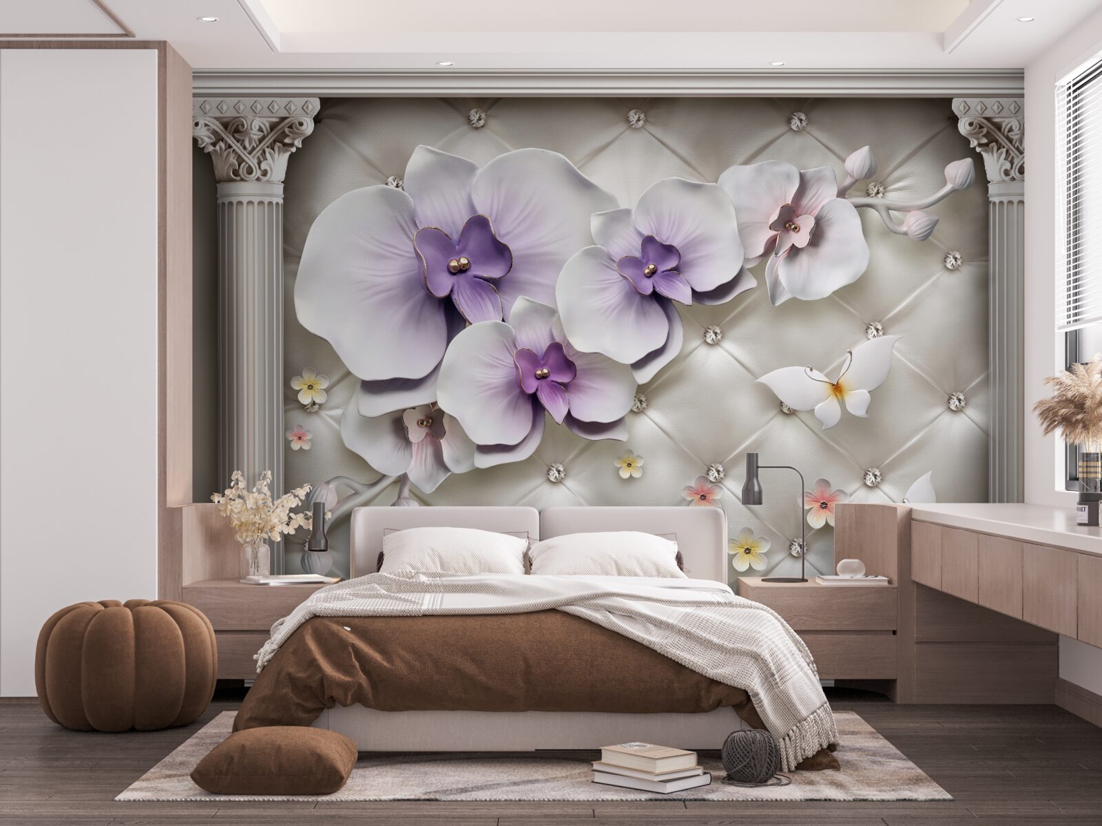 Papier peint Orchidée blanche décorée d'or et de perles