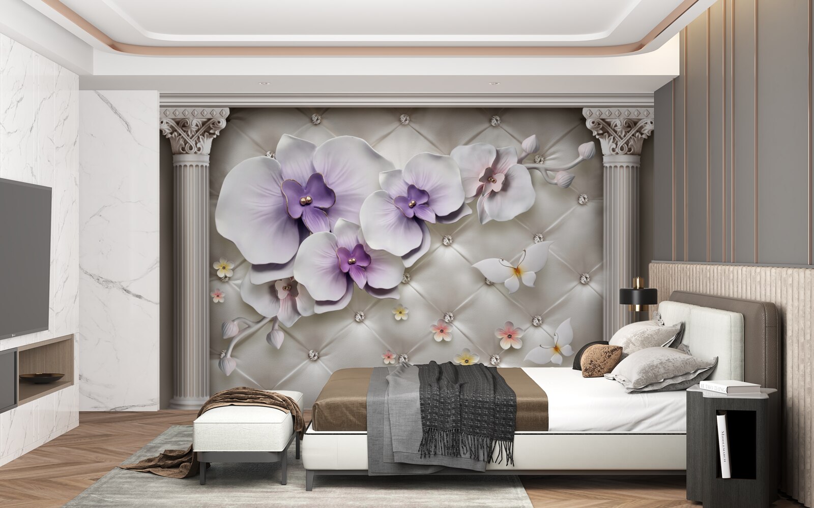 Papier peint Orchidée blanche décorée d'or et de perles