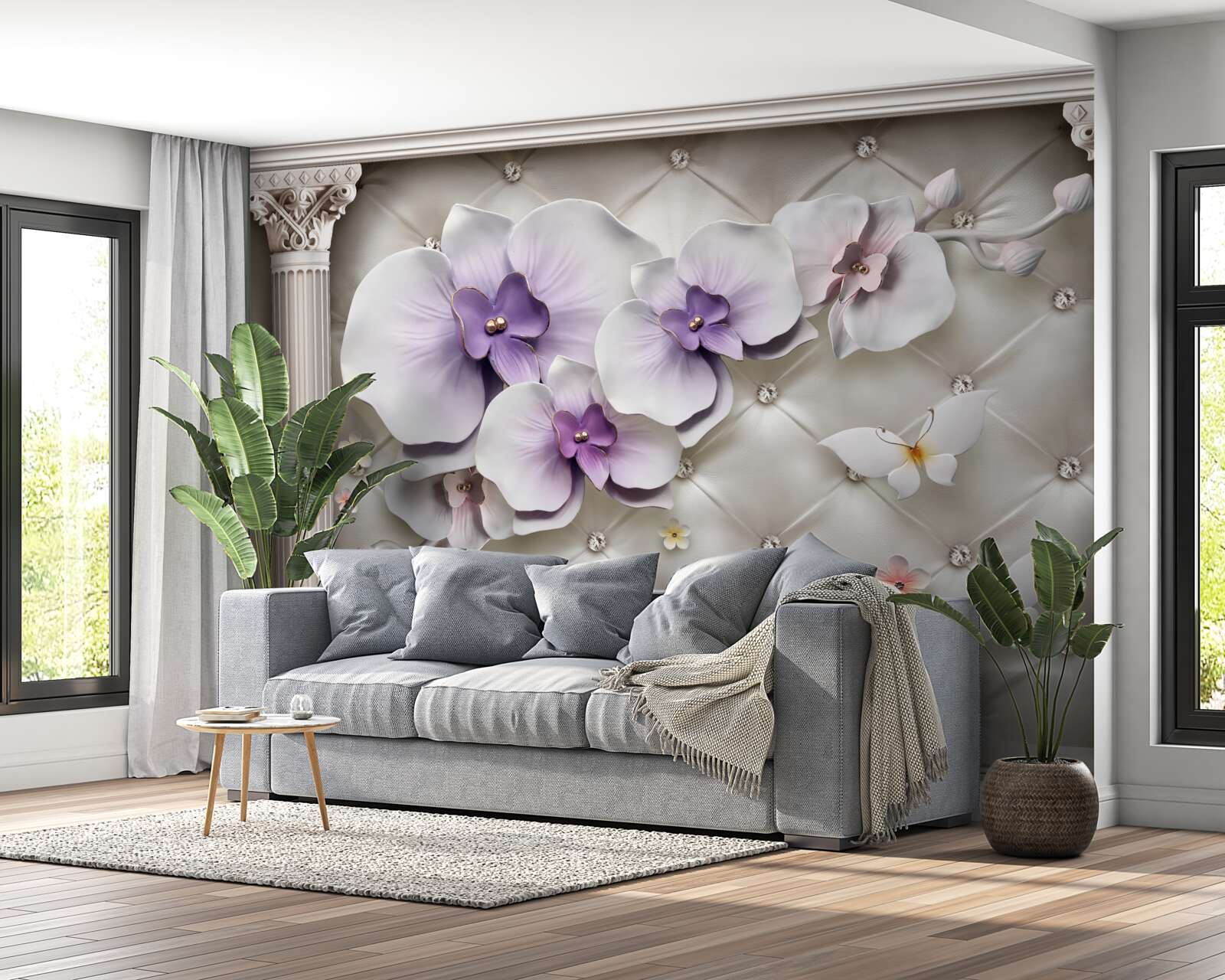 Papier peint Orchidée blanche décorée d'or et de perles
