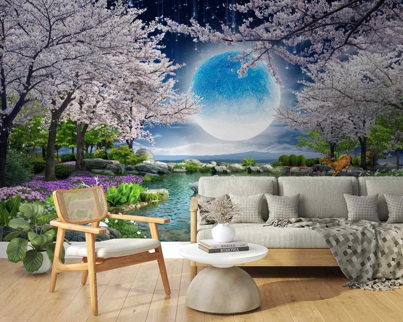Papier peint Clair de lune comme dans un conte de fées dans un jardin de cerisiers