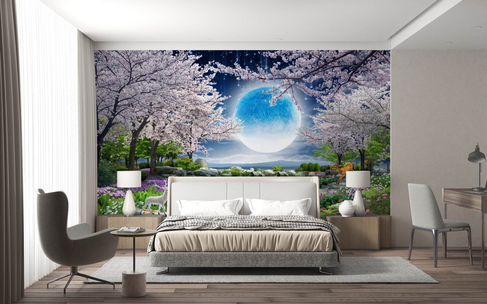 Papier peint Clair de lune comme dans un conte de fées dans un jardin de cerisiers