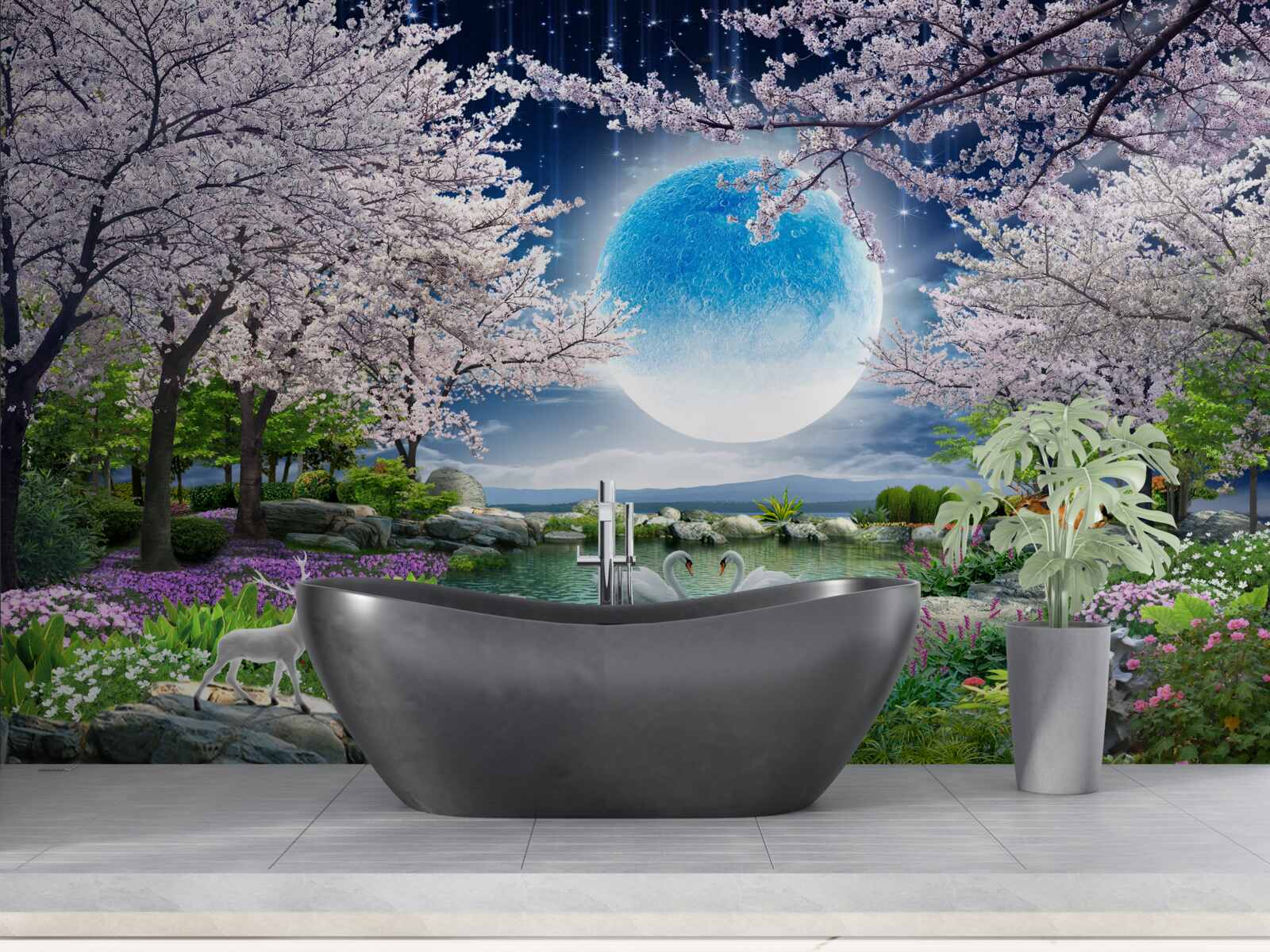 Papier peint Clair de lune comme dans un conte de fées dans un jardin de cerisiers