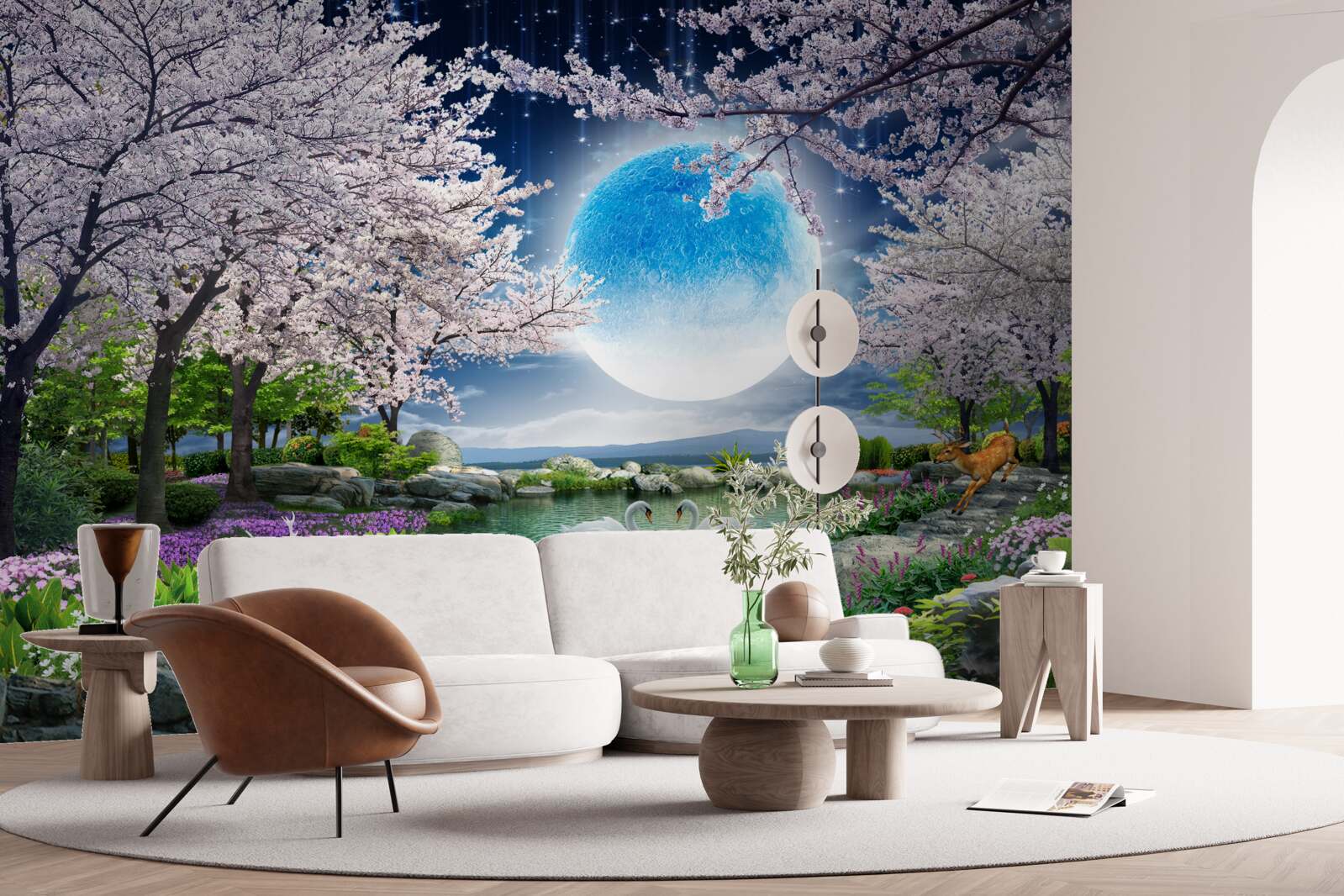 Papier peint Clair de lune comme dans un conte de fées dans un jardin de cerisiers