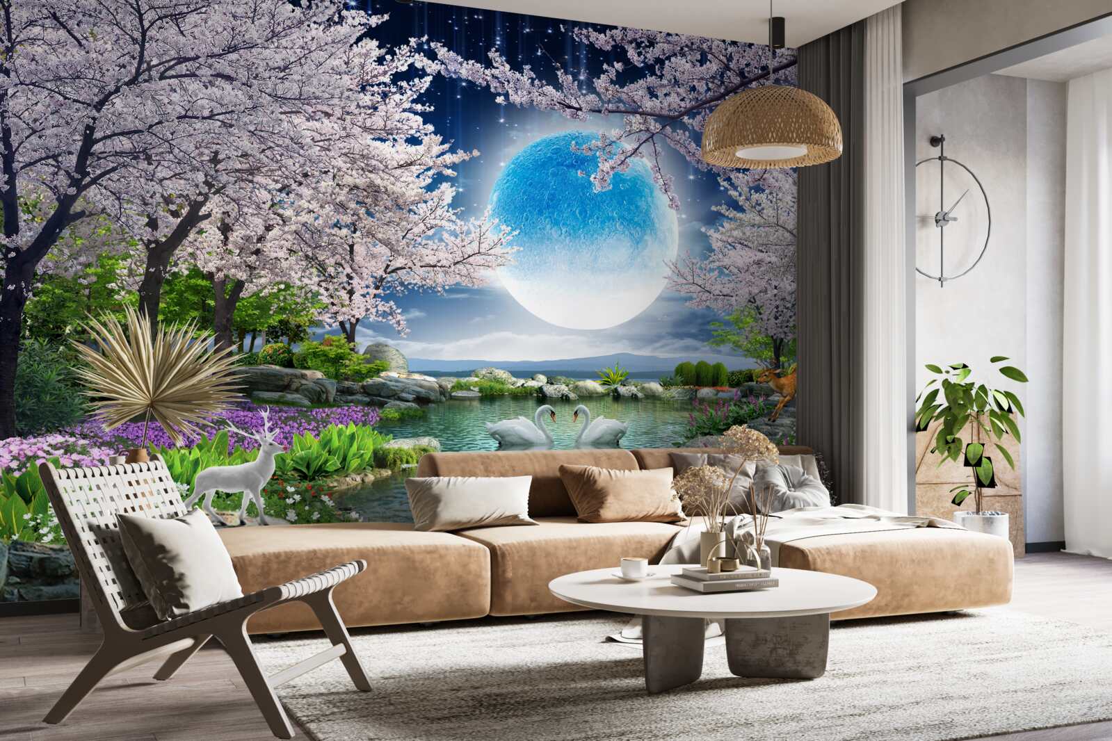 Papier peint Clair de lune comme dans un conte de fées dans un jardin de cerisiers