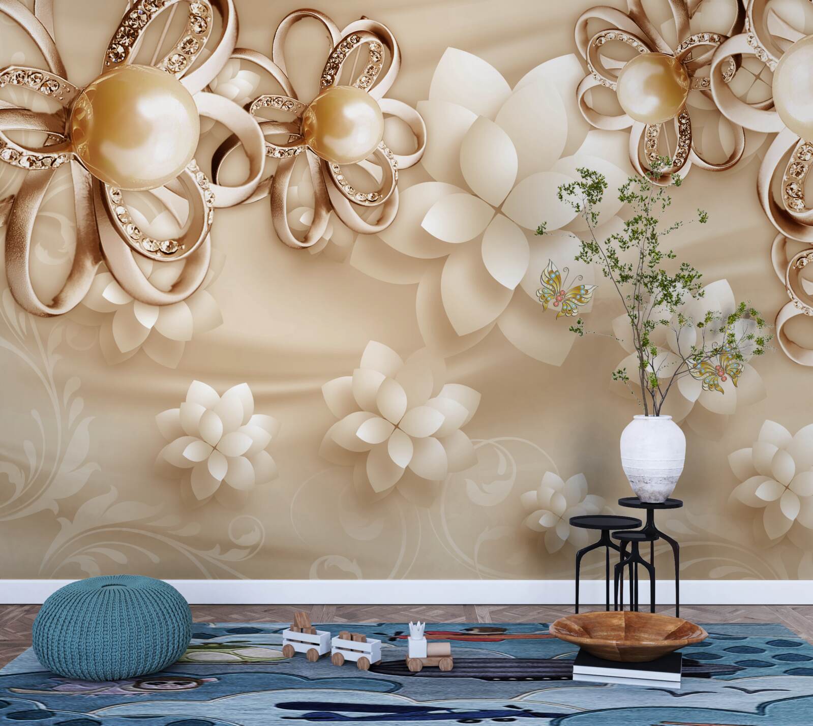 Papier peint le magnolia a des fleurs blanches avec des reflets dorés