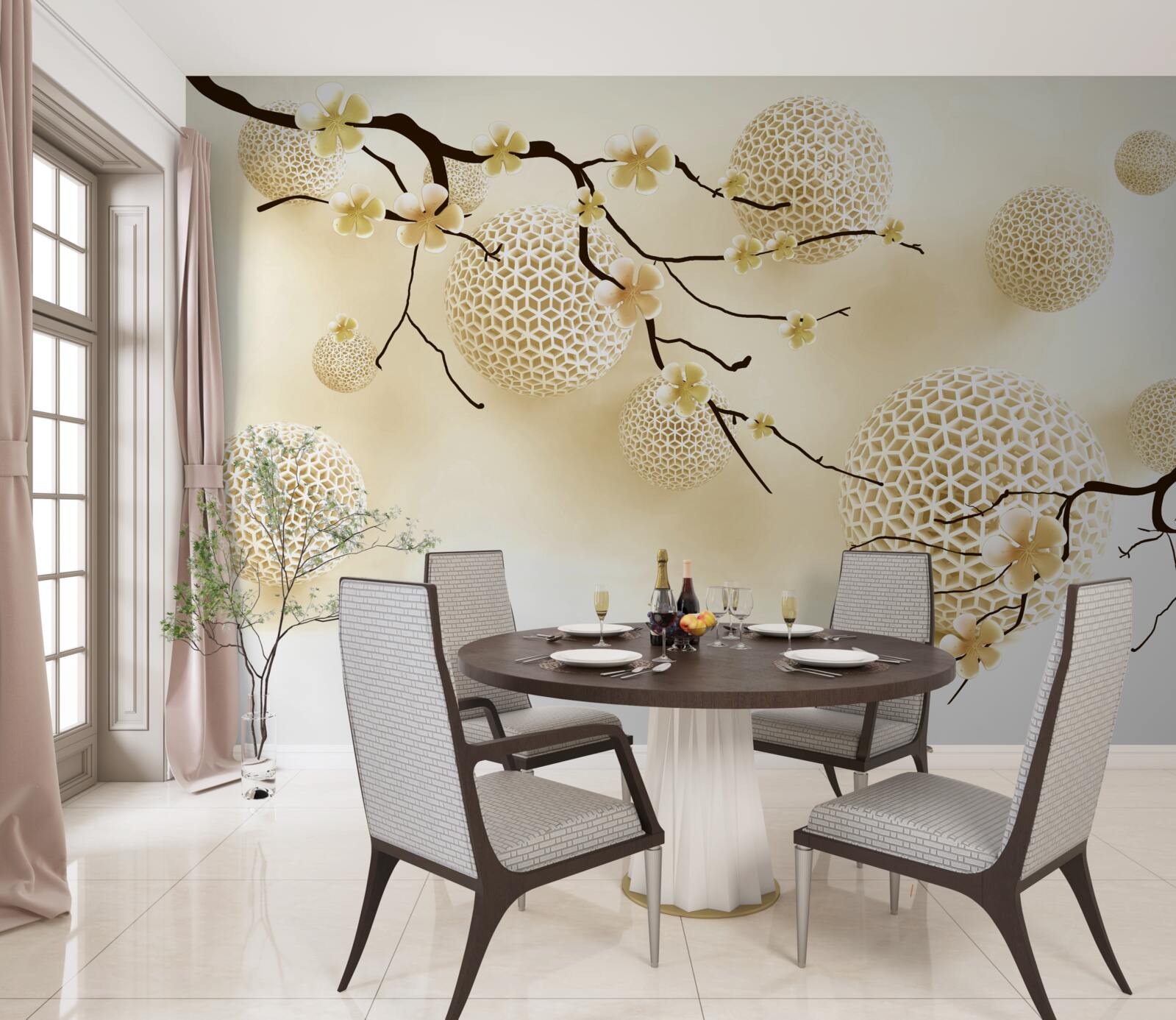 Papier peint bourgeons sur les branches et boules d'or