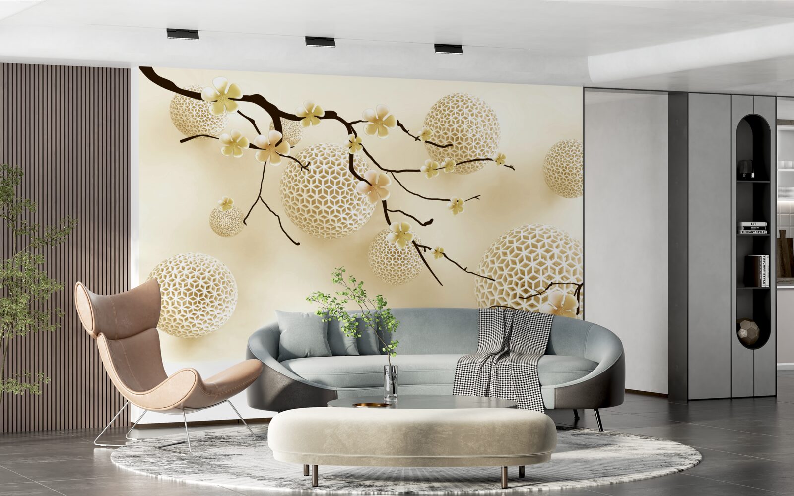 Papier peint bourgeons sur les branches et boules d'or