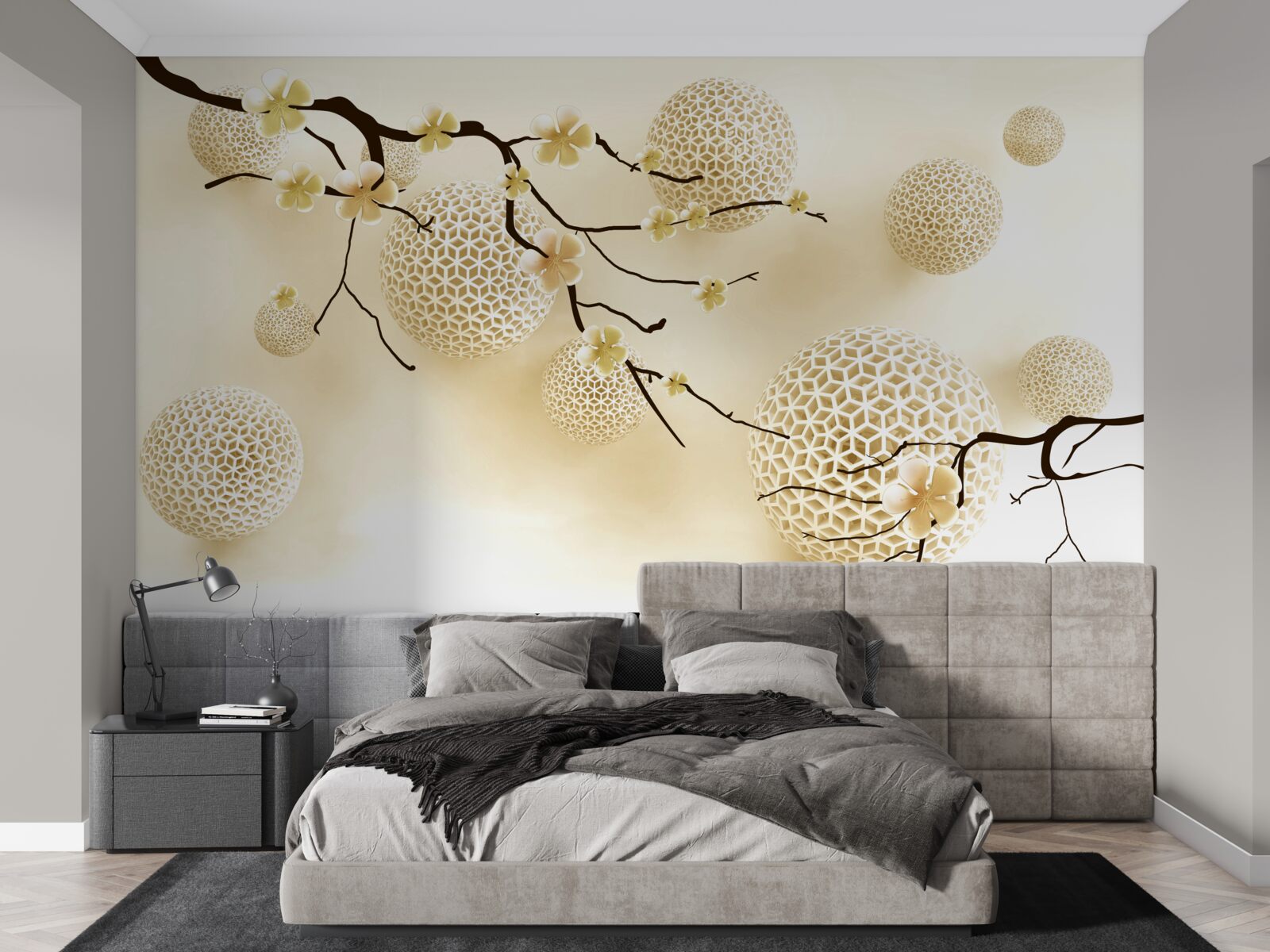Papier peint bourgeons sur les branches et boules d'or
