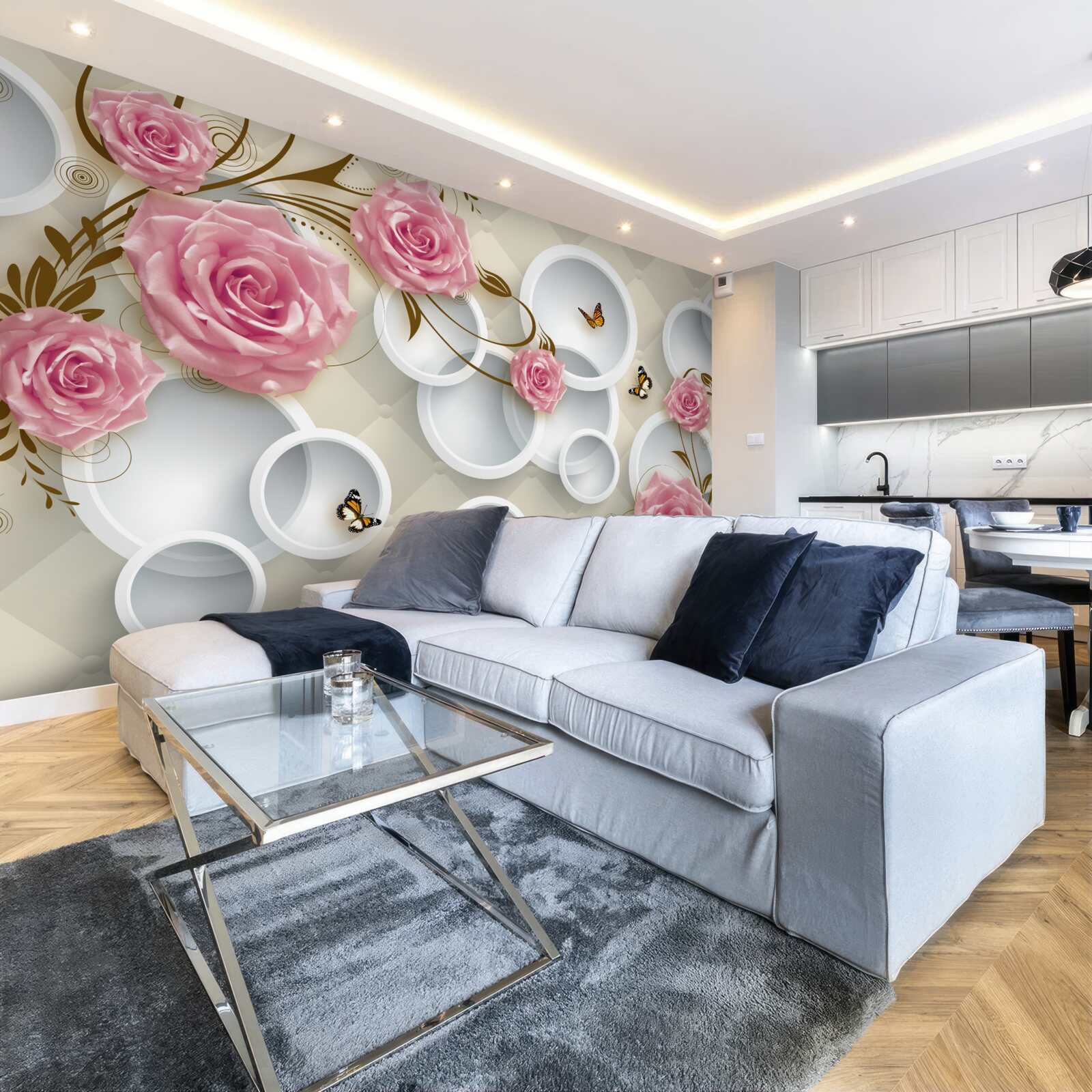 Papier peint sur un fond géométrique, une rose délicate dans un buisson rose