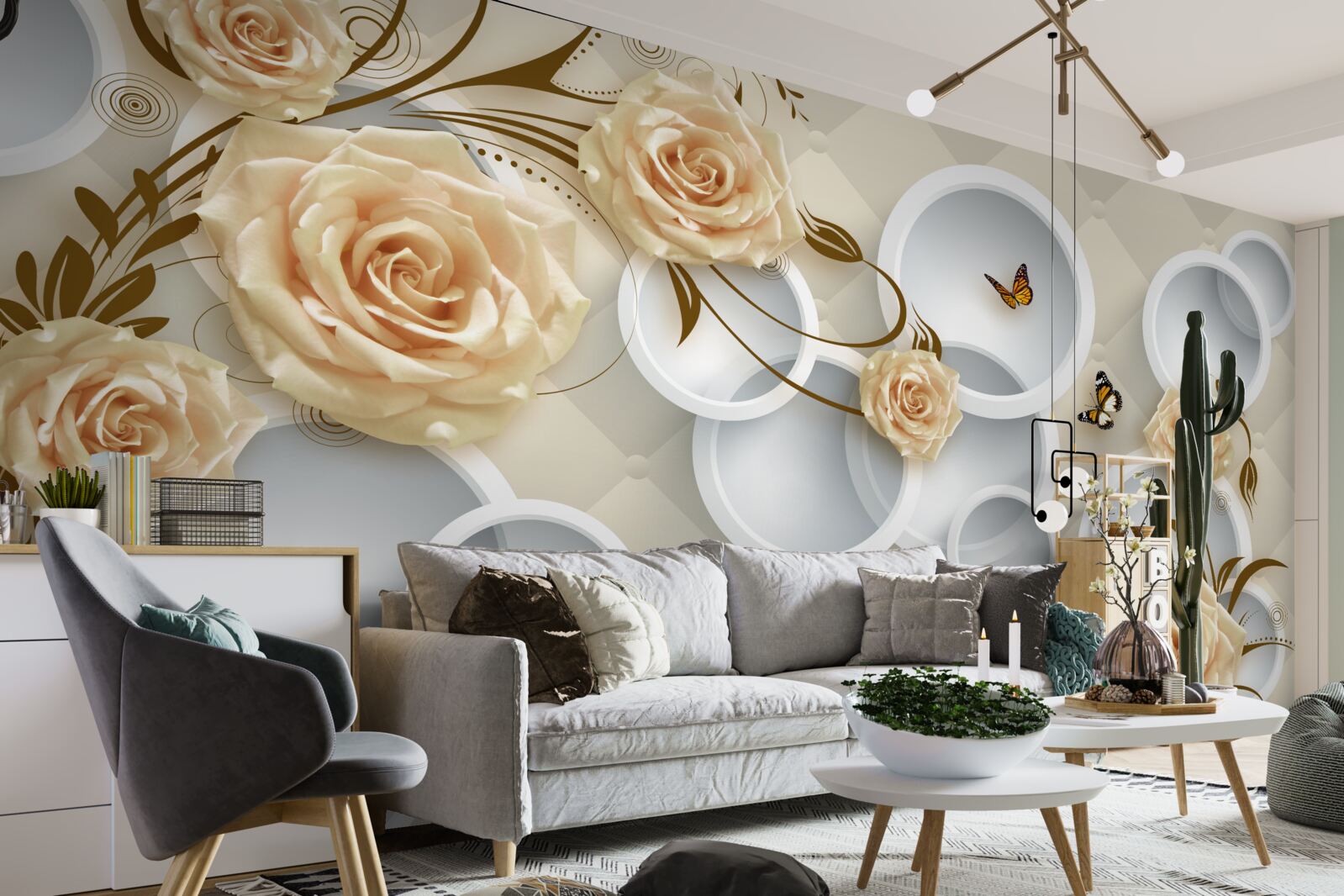 Papier peint brindilles en bronze rose avec décoration fantaisie en or