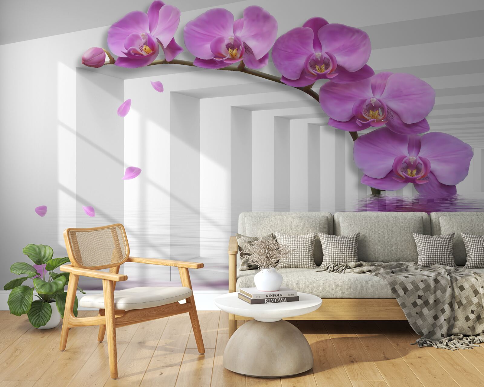 Papier peint orchidée lilas sur une branche entourée d'arcs blancs